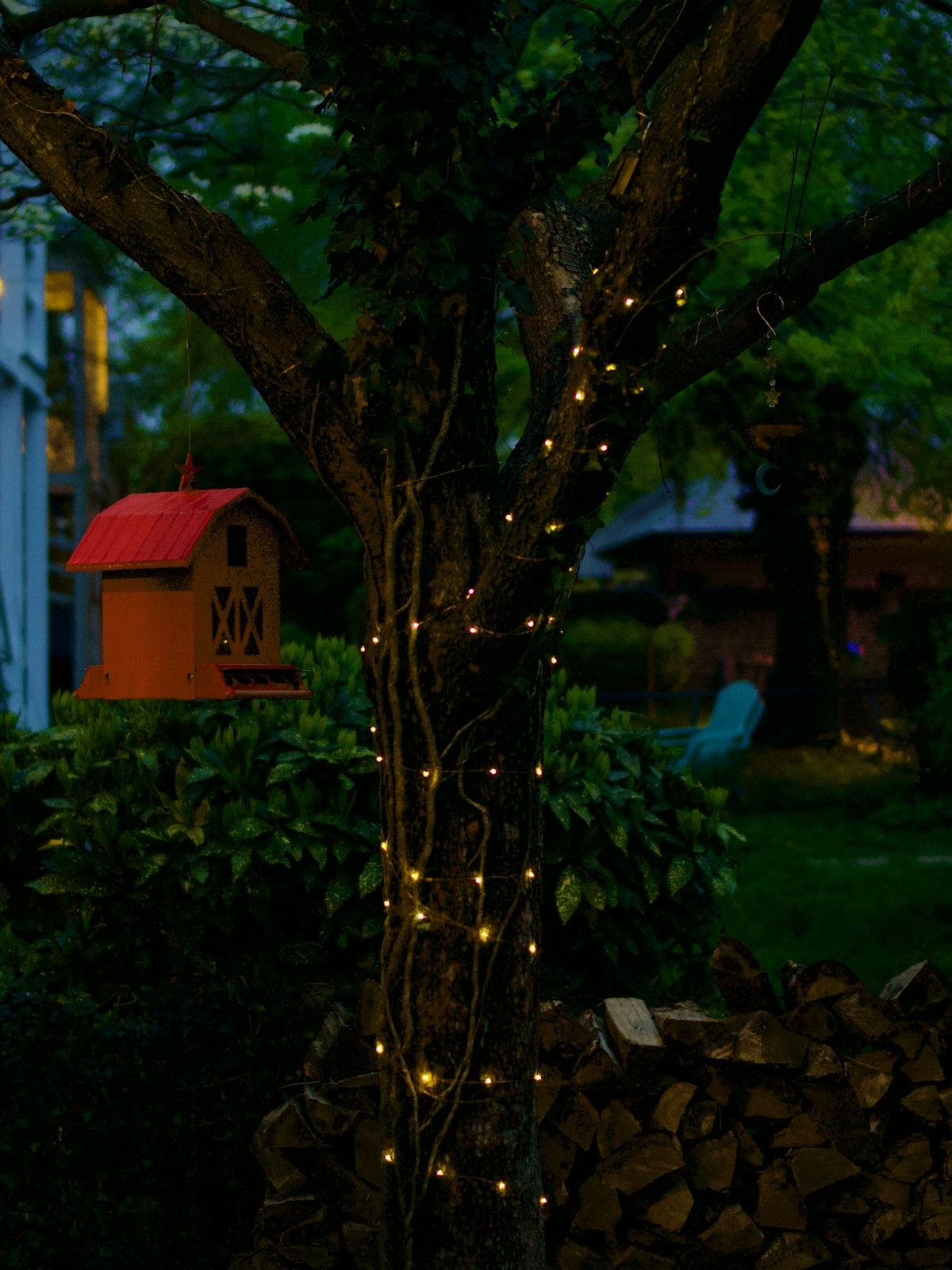 Accent lighting on a tree against a shingle facade