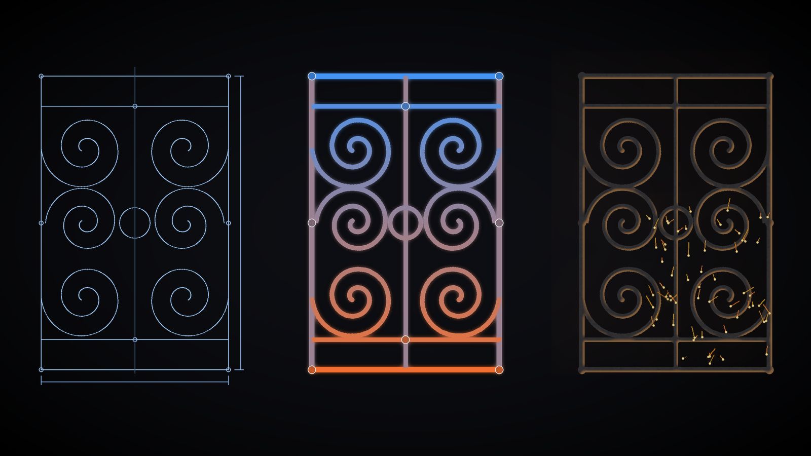 An ornamental iron panel shown three times: as a blueprint drawing, as formed metal, and as the finished piece