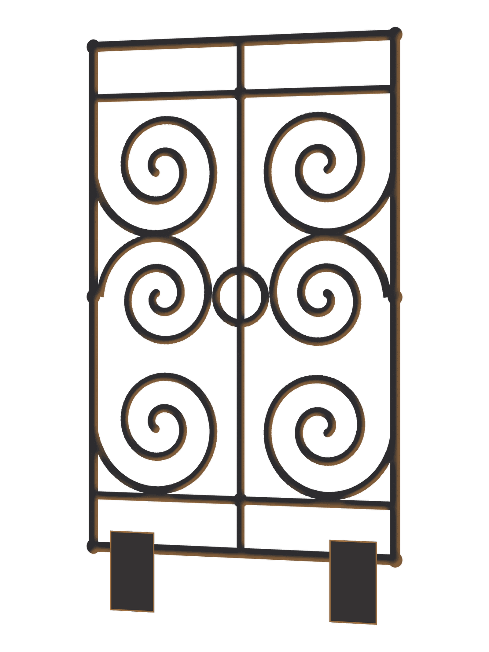 A hand-forged ornamental iron panel with scrollwork, standing on two block feet