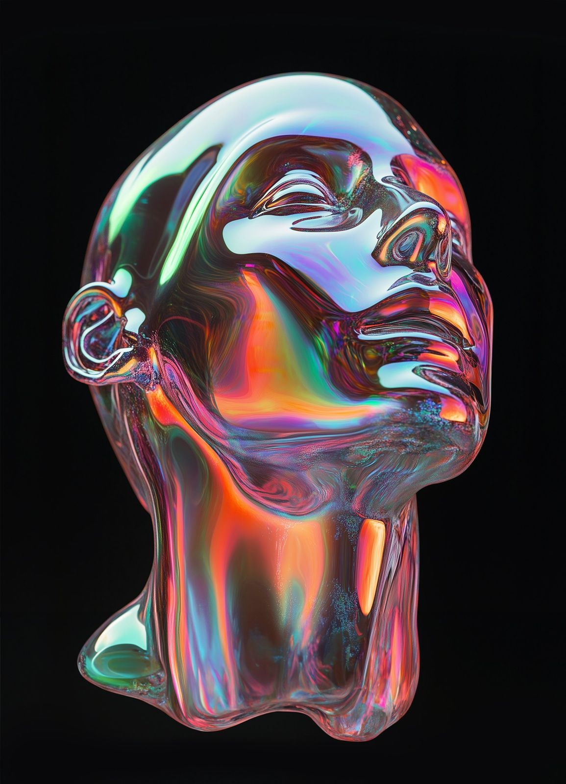 An iridescent glass head sculpture