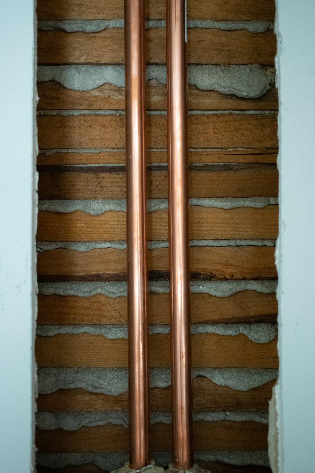 New copper pipes in an open wall