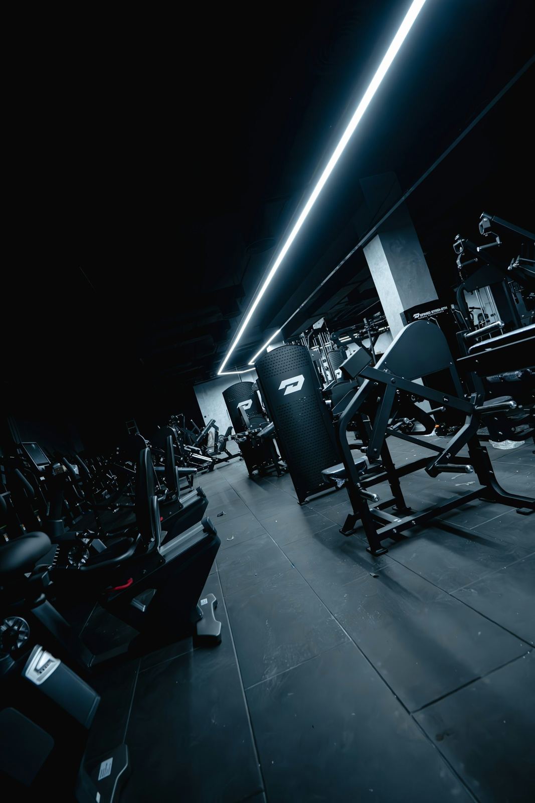 The gym under its LED light line