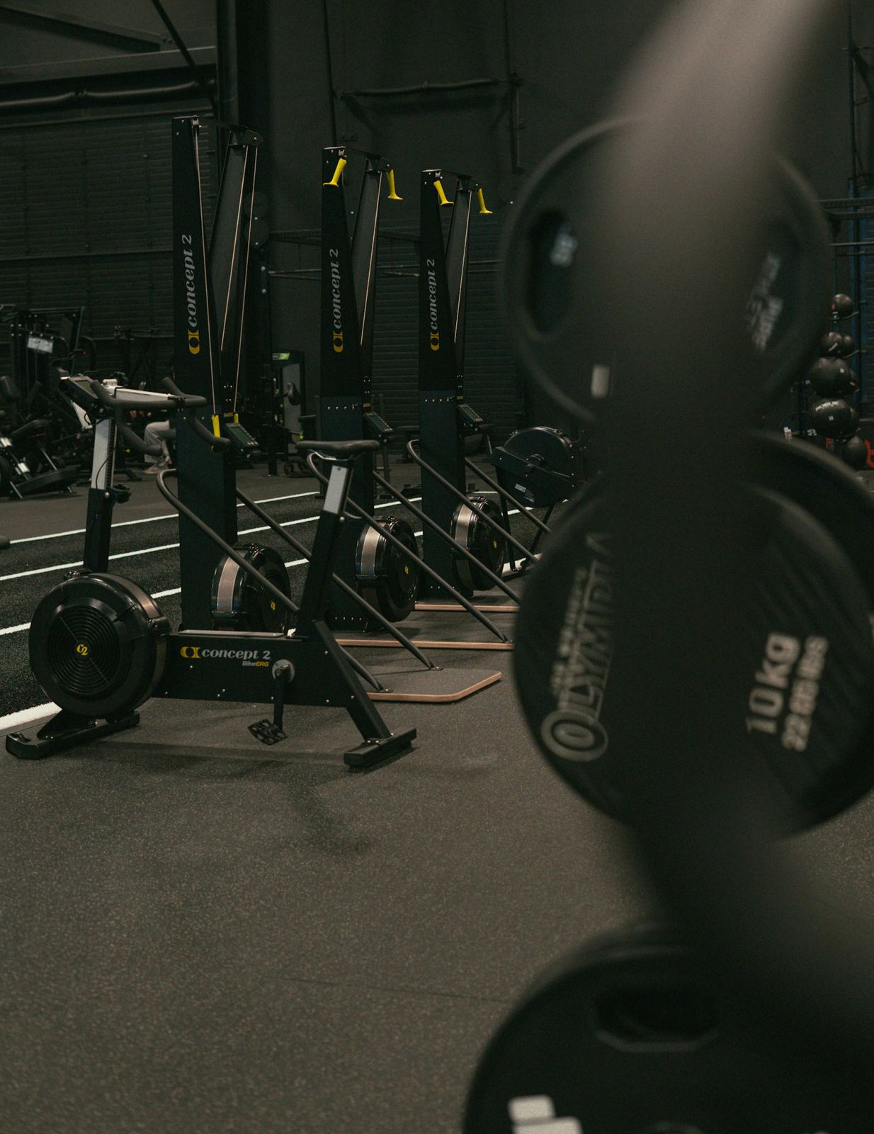 Weight plates in a dim gym