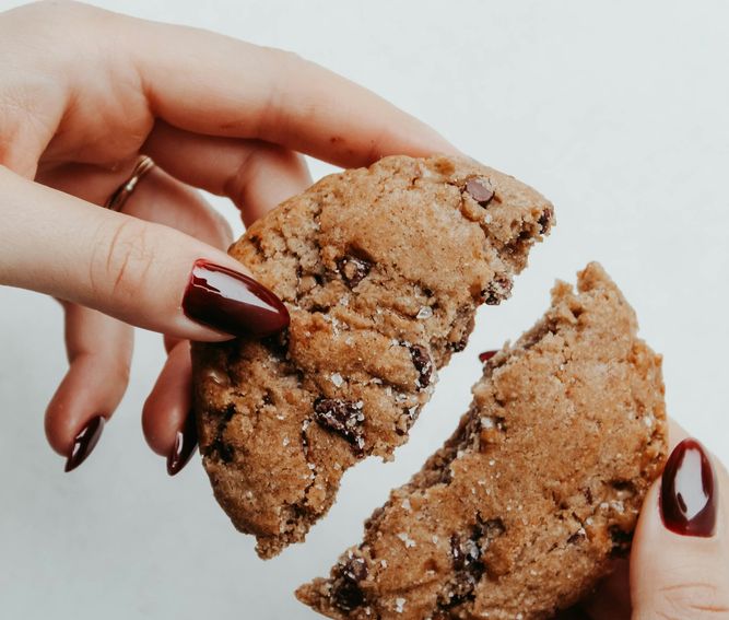 An oat and raisin cookie broken open