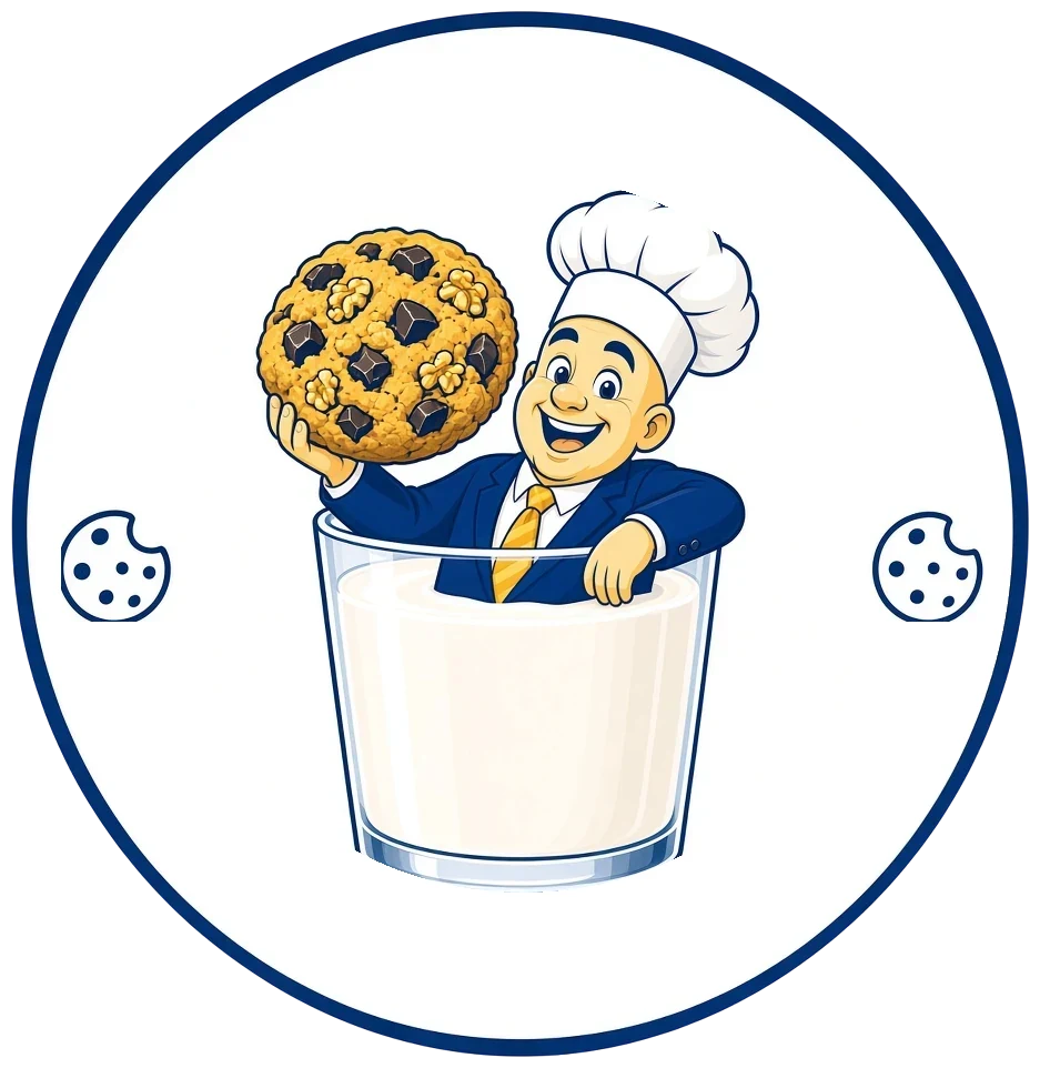 Illustration: a round badge with a cartoon baker holding up a cookie