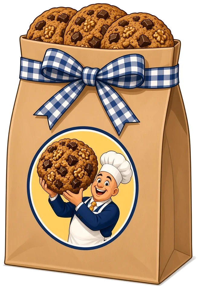 Illustration: a kraft cookie bag tied with a checked bow