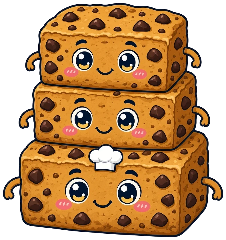 Illustration: a stack of three smiling dessert bars