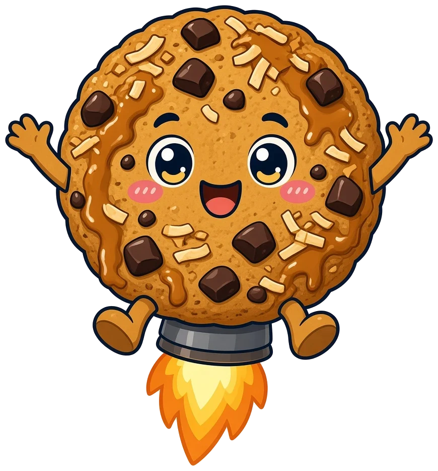 Illustration: a caramel coconut cookie character jumping for joy