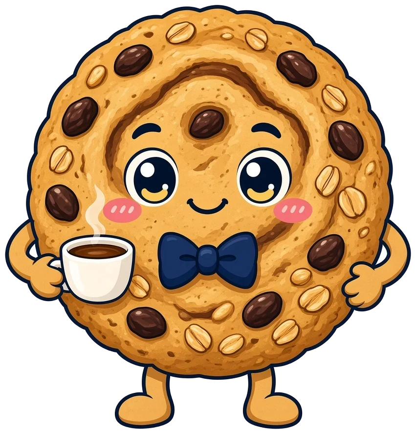 Illustration: an oatmeal raisin cookie character holding a cup of coffee