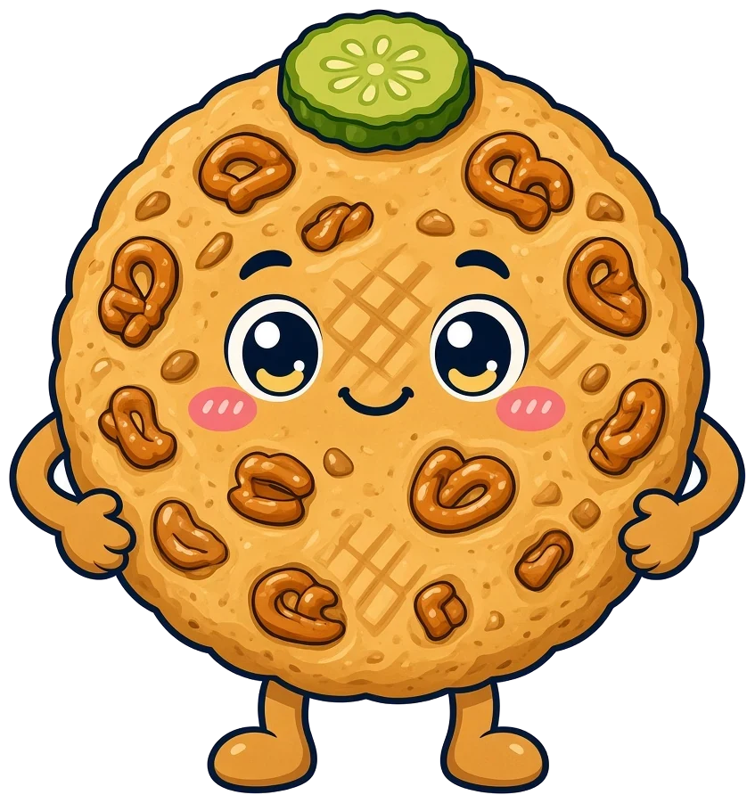 Illustration: a peanut butter pretzel cookie character