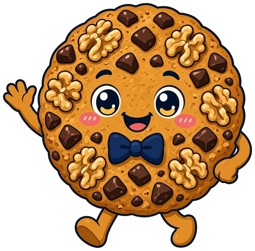 Illustration: the walnut chunk cookie character waving hello