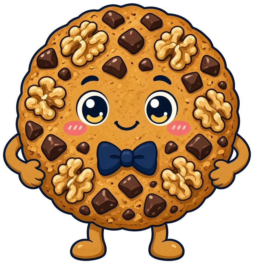 Illustration: a smiling walnut chunk cookie character