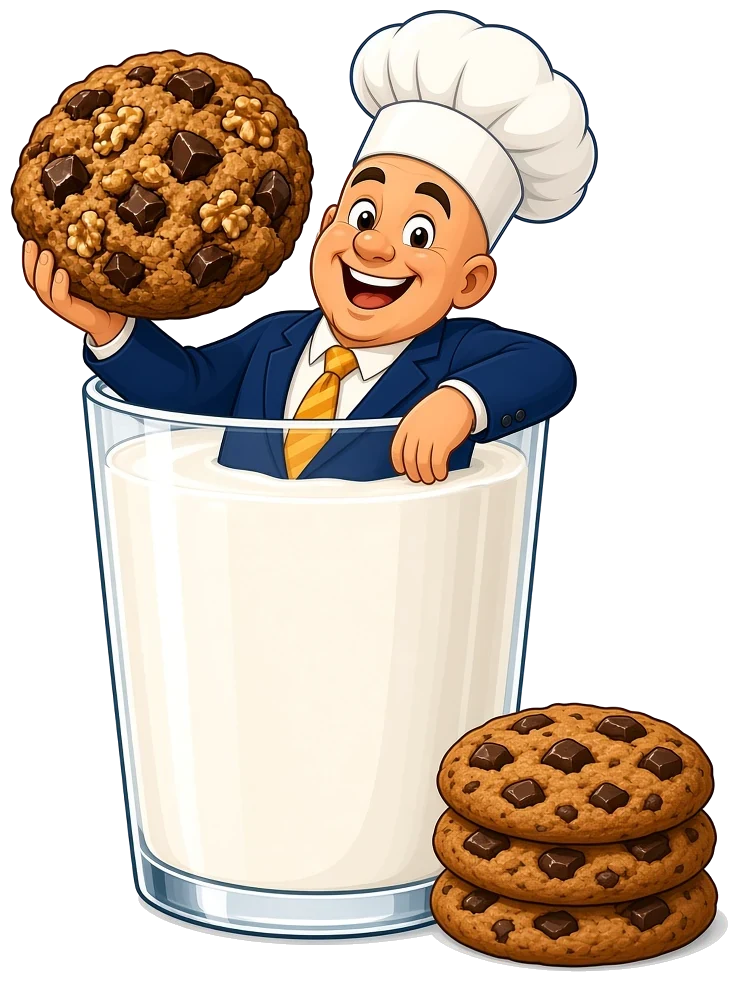 Illustration: a cartoon baker leaning on a giant mixing bowl, holding up a cookie