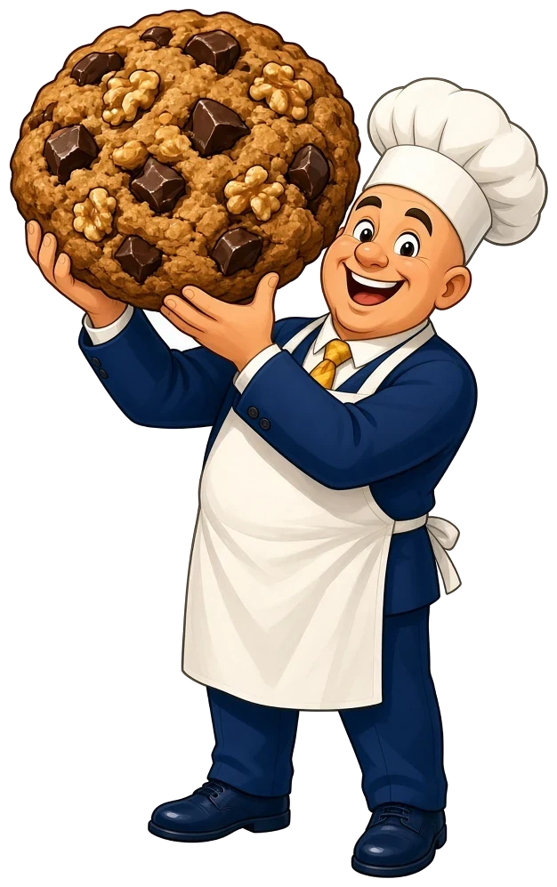 Illustration: a cartoon baker lifting a giant walnut chunk cookie