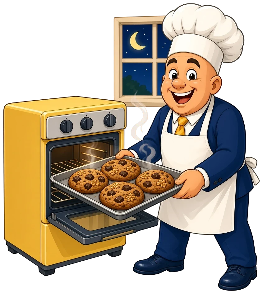 Illustration: a cartoon baker pulling a tray of cookies from the oven at night