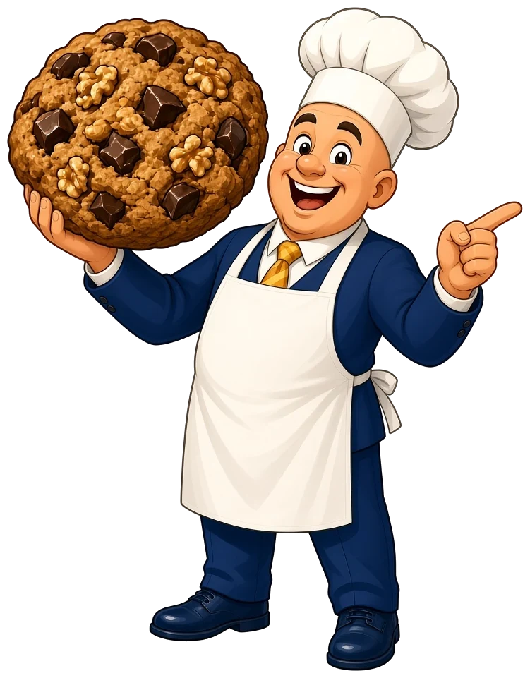 Illustration: a cartoon baker holding a giant cookie and pointing