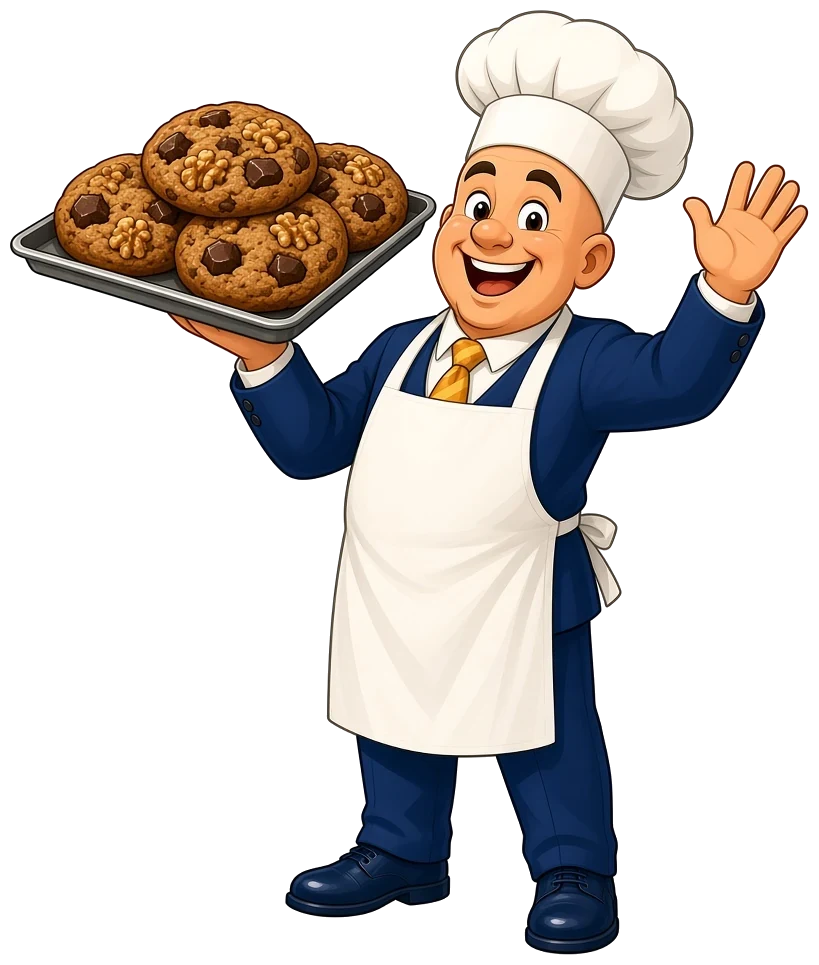 Illustration: a cartoon baker waving and holding a tray of cookies