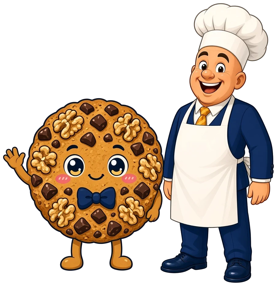 Illustration: a cartoon baker standing next to the walnut chunk cookie character