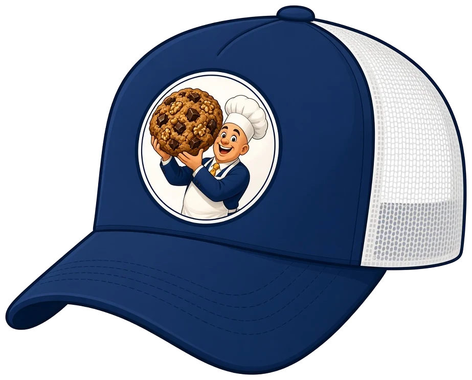 Illustration: a navy cap with a round cartoon patch