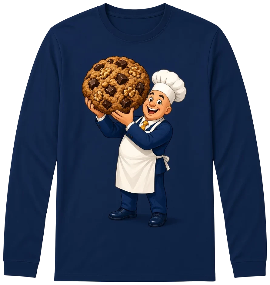Illustration: a navy long-sleeve tee printed with a cartoon baker