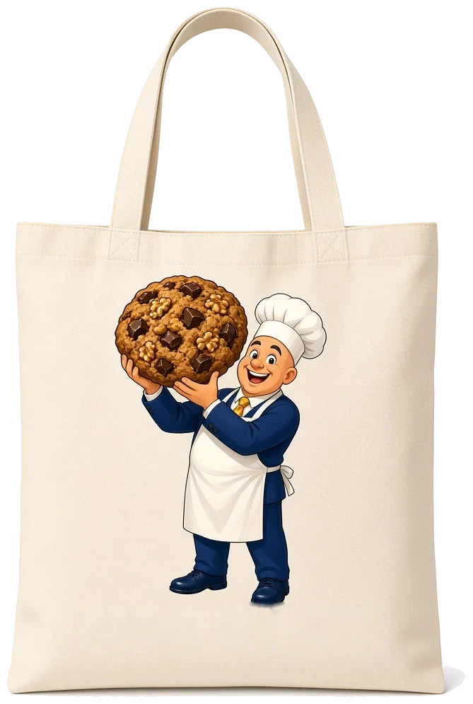 Illustration: a canvas tote printed with a cartoon baker
