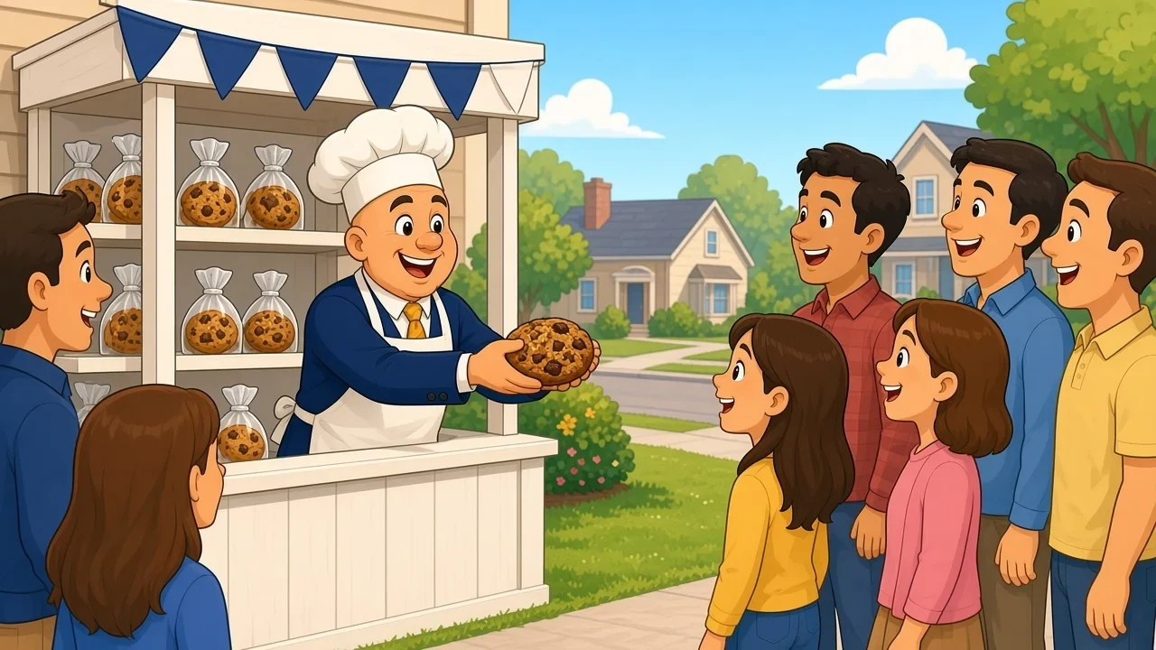 Illustration: a cartoon baker handing a cookie to a line of smiling customers